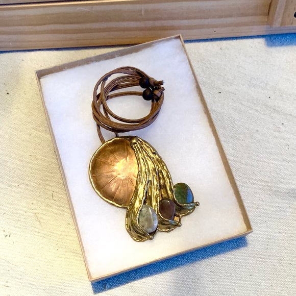 Vintage Art Deco Eclectic Metal & Stone Retro 2-in-1 Pendant & Brooch Necklace - Picture 2 of 10